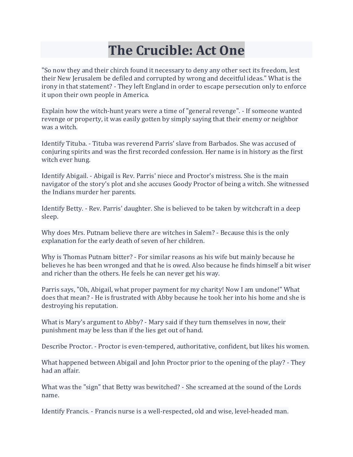 Preview image for The Crucible: Act One Questions And Answers